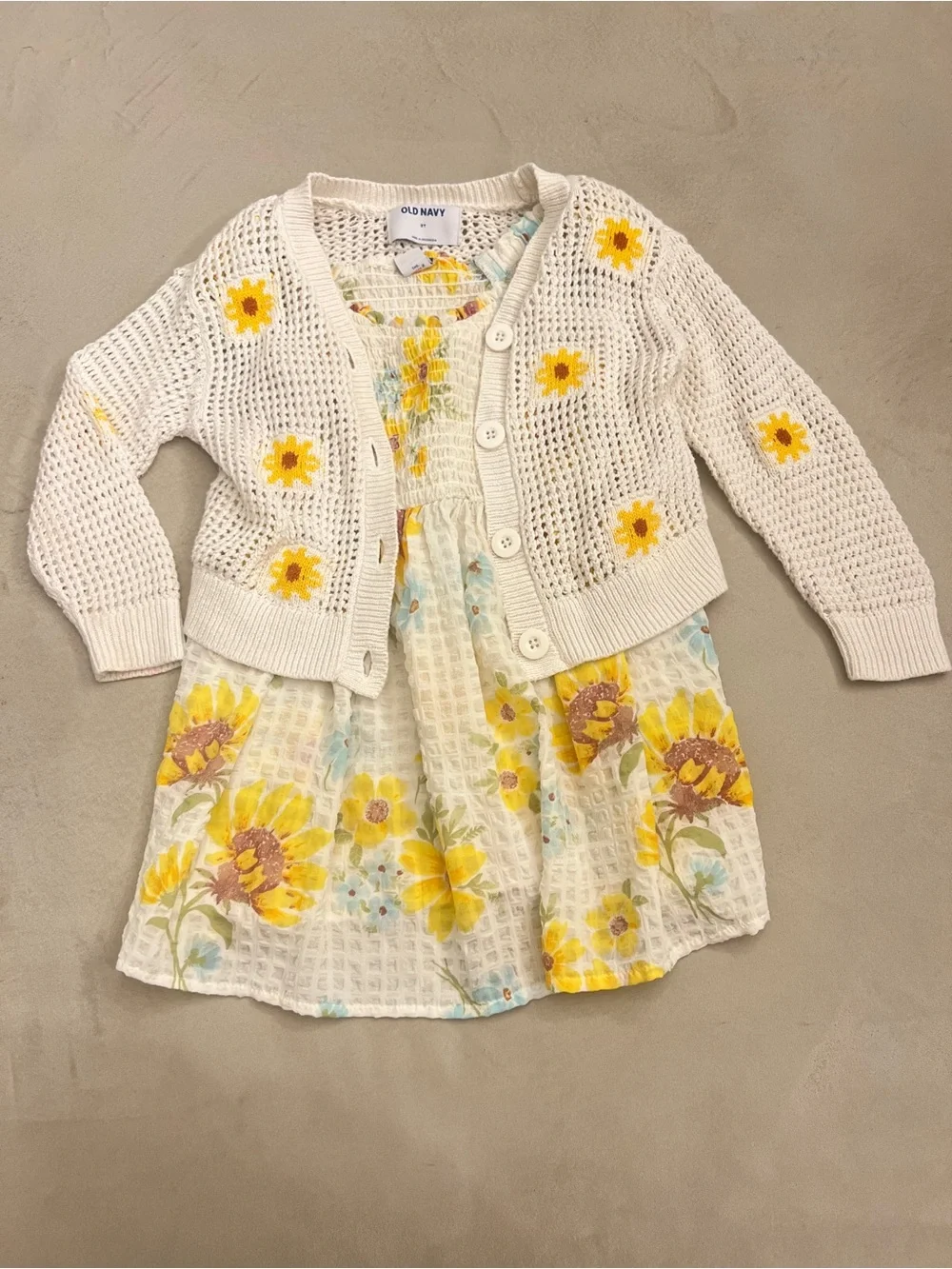 Old Navy Sunflower Printed Flutter-Sleeve Smocked Dress & Matching Cardigan 3T